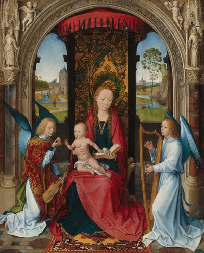 Thronende Madonna mit Kind und zwei Engeln von Hans Memling